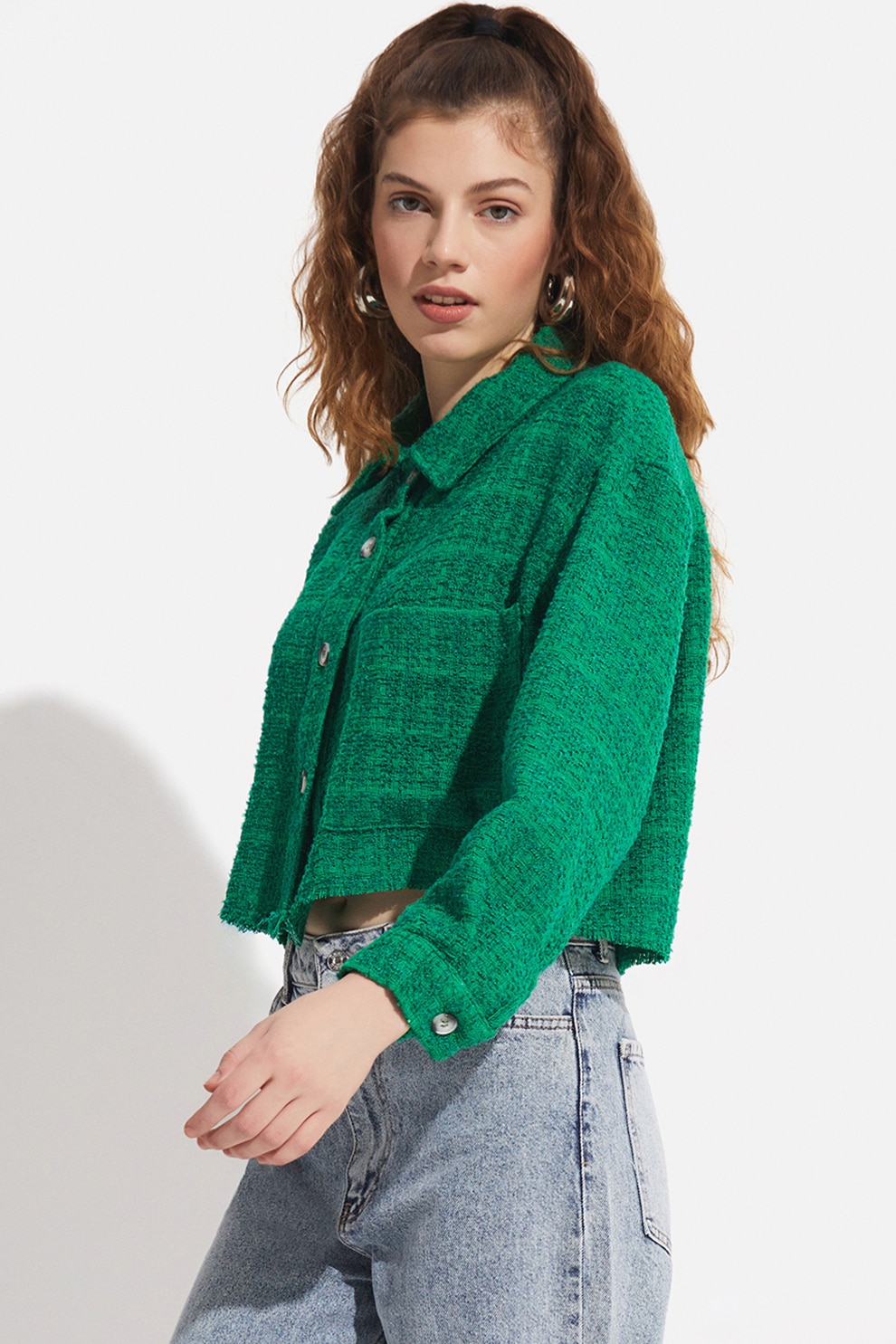June, Jacheta din tuid cu terminatii franjurate, Verde, 40 - eMAG.ro
