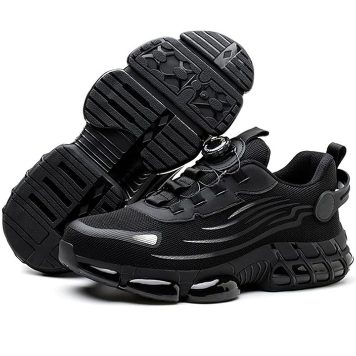 Biztonsági cipő, Hggzeg, 41-es méretű, fűző nélkül, intelligens záródási rendszer, fém orr, kevlár középtalp, PU gumi légpárnás talp, légáteresztő és kényelmes, fekete