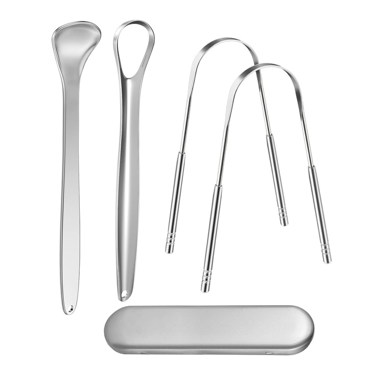 Комплект от 5 прибора за почистване на език, Axroad Mall, С кутия за съхранение, Намаляване на лошия дъх, Без BPA, За възрастни и деца, Неръждаема стомана, Сребро