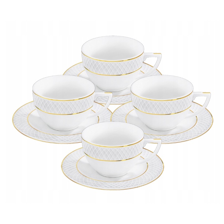Set cesti cafea lux, Portelan, Alb, 170 ml, 4x Ceasca + 4x Farfurie elegante, margine auriu, pentru cafea, cappuccino, Wilmax England