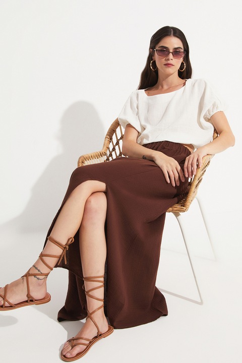 June, Fusta maxi evazata cu slit lateral, Maro cognac