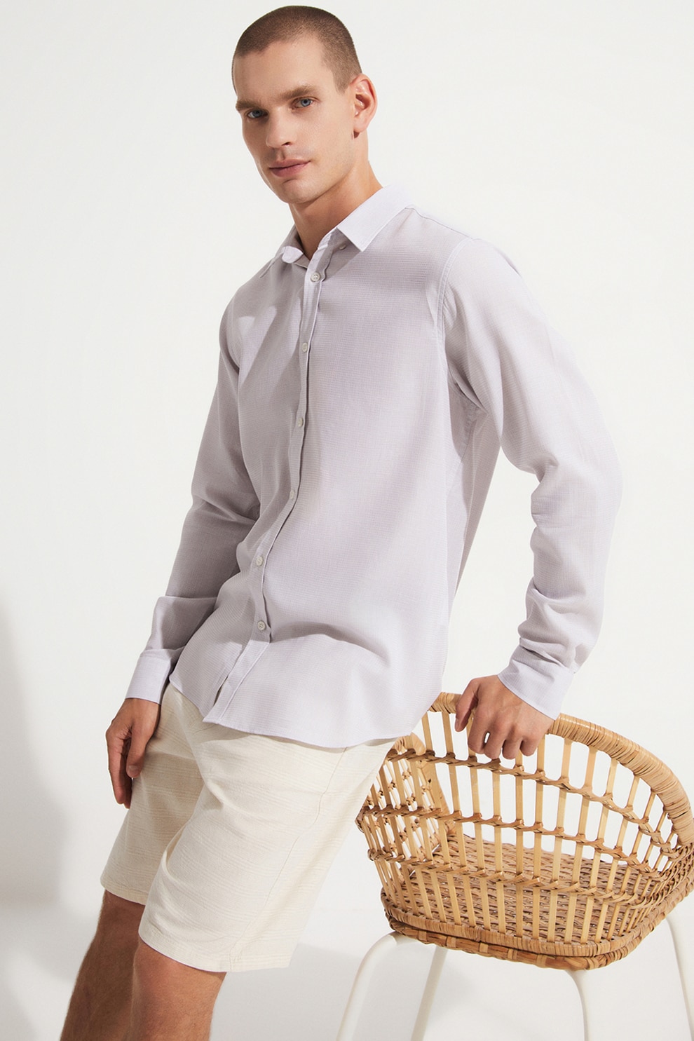 June, Camasa de bumbac cu guler ascutit, Gri deschis, Alb, M