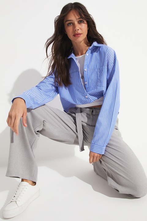 June, Camasa lejera crop cu dungi, Alb, Albastru deschis, 36