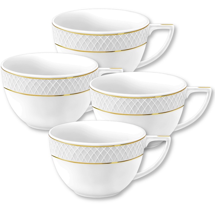 Set Cani/cesti cafea lux, mare, portelan, margine aurie, 4 piese, 500 ml, pentru ceai, cafea, Wilmax England