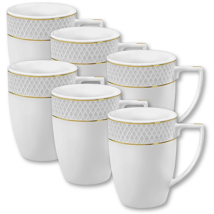Set Cani ceai/cafea, mare, portelan, lux, margine aurie, 6 piese, 450 ml, Wilmax England