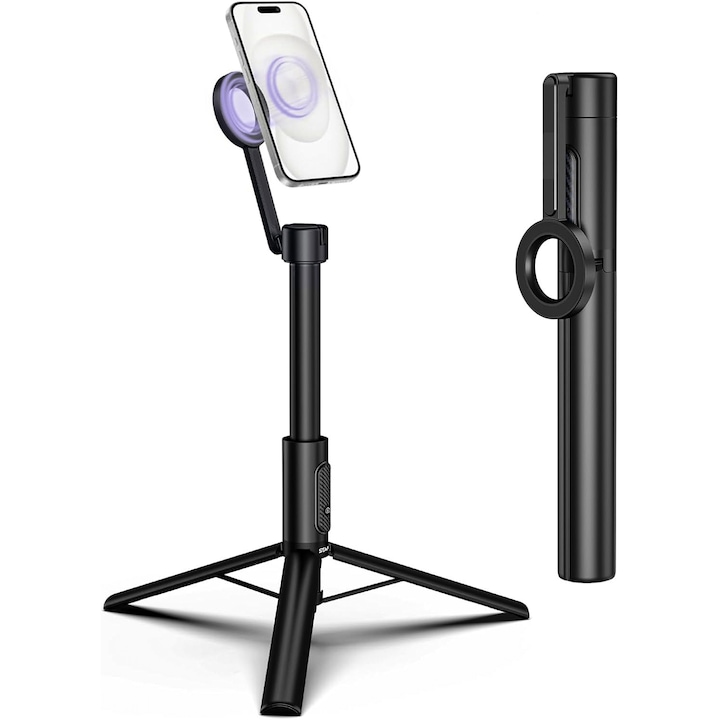 Elindor Магнитен статив за iPhone Селфи стик Перфектен за пътуване с дистанционно управление за видеозапис на мобилен телефон Черен