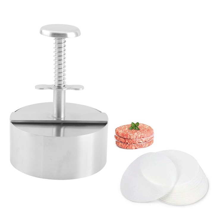 Presa de burger reglabila, SINBINTA, Cu 100 de hartie, Constuctie robusta, Rezistenta de lunga durata, Usor de utilizat si de curatat, Pentru chiftele vegetariene, chiftele de somon sau burgeri umpluti, Otel inoxidabil, 11.4x14cm, Argintiu