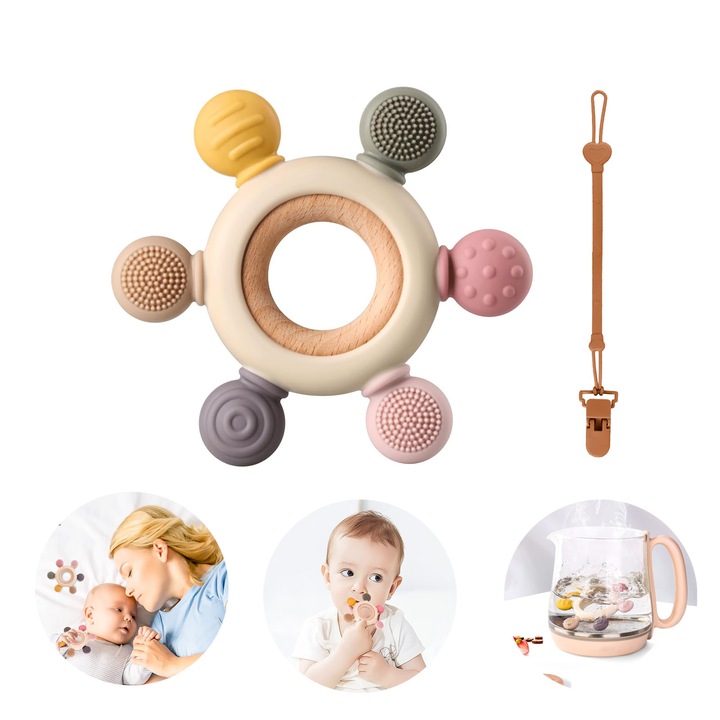 Jucarie dentitie bebelus, SINBINTA, Cu snur anti pierdere, BPA free, Proiectare inovatoare, Usor de prins, Lavabil, Pentru bebelusi de 3 luni +, Silicon alimentar non-toxic, 10.9x10.9cm, Multicolor