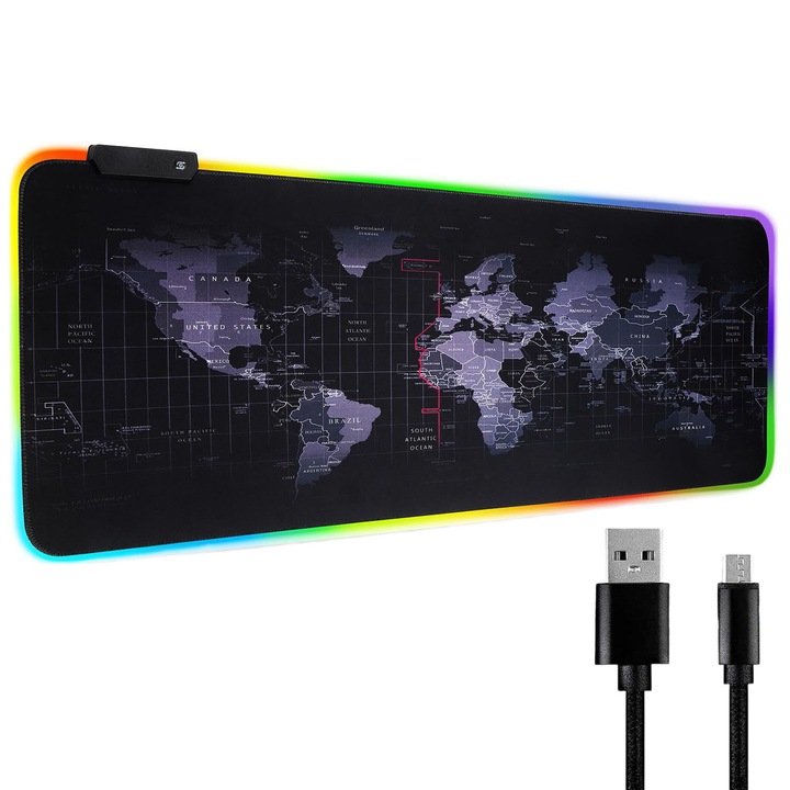 Подложка за мишка, MorFansi®, за игри, офис, USB връзка, 7 цвята RGB LED, неплъзгаща се, шевове против разкъсване, водоустойчива, 800 x 300 x 3 mm, черна