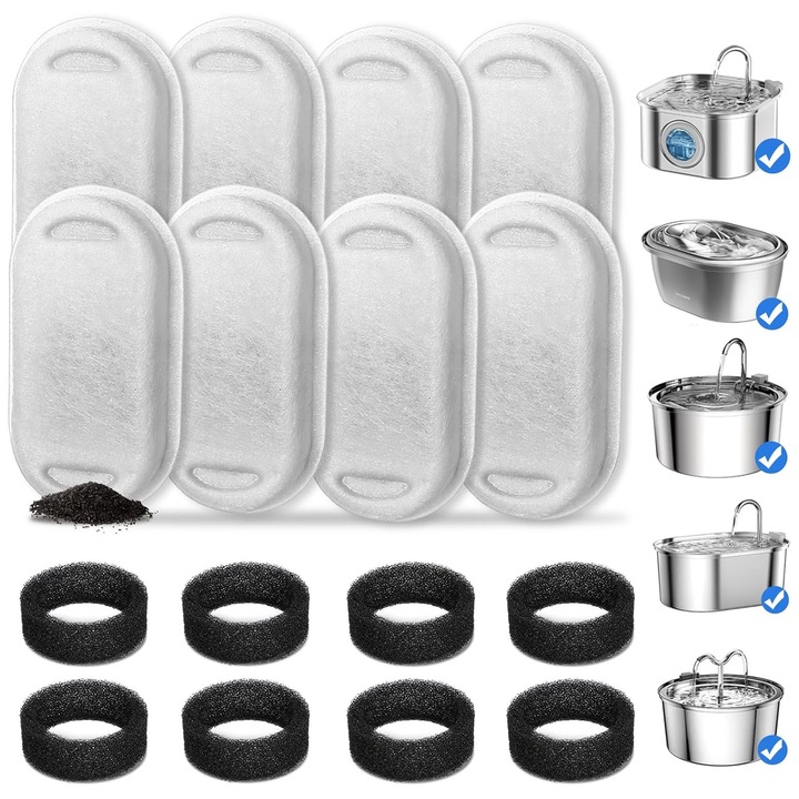 Set 16 filtre de rezerva pentru dispenser de apa, dozatoare de apa pentru caini si pisici, SINBINTA, 8 filtre de bumbac si 8 bureti prefiltranti, Purificare, Elimina eficient impuritatile si firele de par, Bumbac/Carbune activat, 7.6x4.3 cm, Alb/Negru