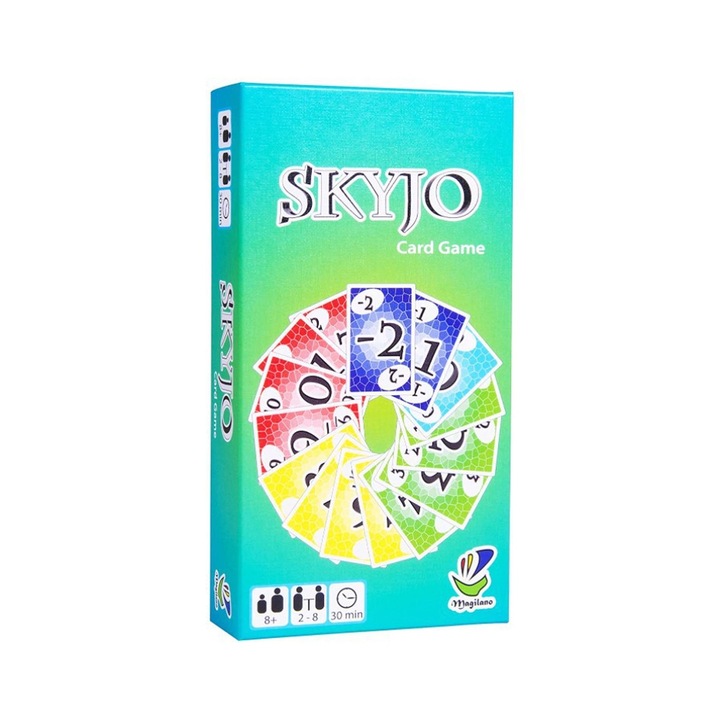A klasszikus Magilano SKYJO családi kártyajáték, SIBINTA, 150 kártya, Hordozható, Vízálló, Újrafelhasználható, Könnyen megtanulható, Felnőtteknek, tinédzsereknek és 7 éves kor feletti gyerekeknek, Karton, 19,3x10x3,8 cm, Többszínű