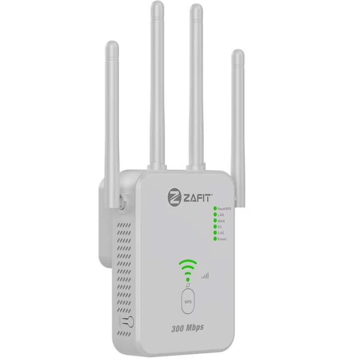 Amplificator Semnal WiFi Extender 300 Mbps ZAFIT®, Band 2.4Ghz, Conexiune WPA/WPA2, 4 Antene cu Tehnologie MIMO, Port LAN, Alb