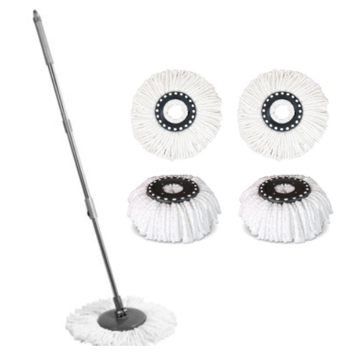 Set de Curatenie: 4 Rezerve de Mop Rotativ 100% Microfibra, Mop Rotativ cu Coada Metalica Ajustabila Rezistenta