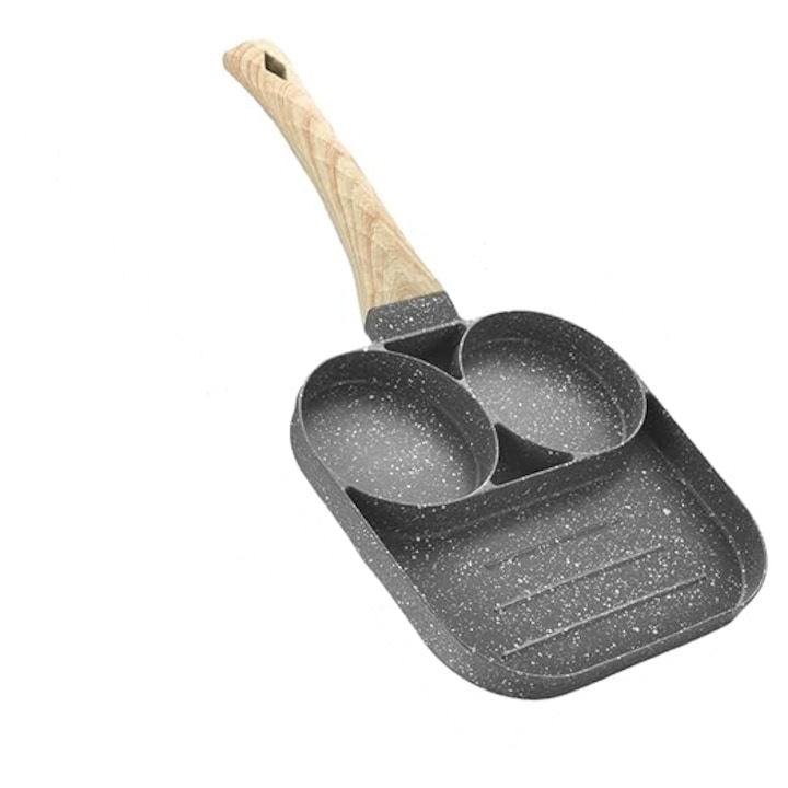Tigaie pentru prepararea micului dejun, cu 2 forme pentru oua si mini grill, antiaderenta, cu maner rece, diametru 15 cm, gri