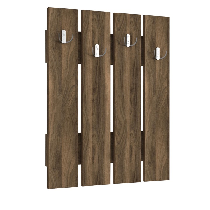 Cuier Panou, Elegant BrownHooks, UnicUtil, Dimensiuni 64.7 x 3.6 x 80 cm, Design Modern si Functional, 4 Agatatori Robuste pentru Haina, Genti si Accesorii, Montare Pe Perete, Ideal pentru Holuri si Incaperi Mici, Material PAL Durabil, Culoare Maro