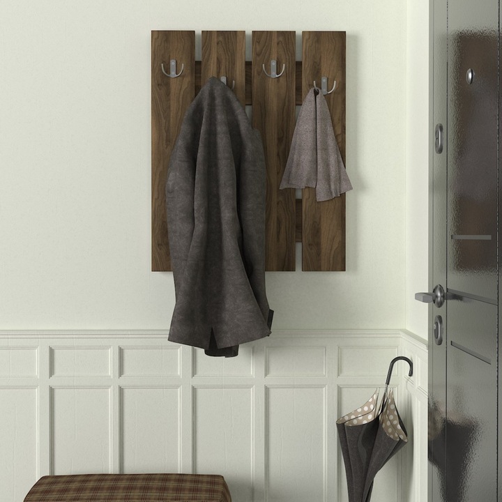 Cuier Panou, Elegant BrownHooks, UnicUtil, Dimensiuni 64.7 x 3.6 x 80 cm, Design Modern si Functional, 4 Agatatori Robuste pentru Haina, Genti si Accesorii, Montare Pe Perete, Ideal pentru Holuri si Incaperi Mici, Material PAL Durabil, Culoare Maro