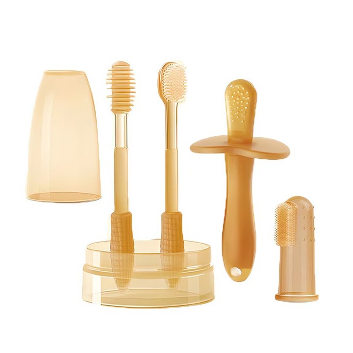 Set 4 periuta de dinti pentru bebelusi, Axroad Mall, Fara BPA, Moale si durabil, Usor de curatat, Pentru 0-12 luni, Silicon, Chihlimbar