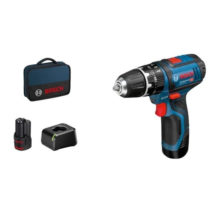 Ударна бормашина и винтоверт BOSCH Professional GSB 12V-15, 1300 об/мин, 2 скорости, 2 батерии 2.0 Ah, зарядно AL 12V-20, ECP функция, автоматично заключване, син