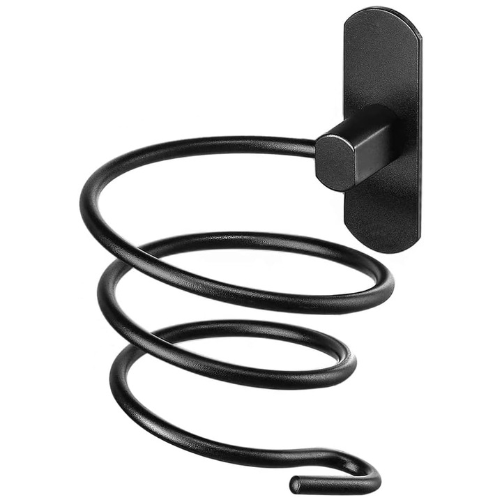 Suport pentru uscator de par, Axroad Mall, Rezistent la apa, Rezistent la praf, Adeziv, Usor de instalat si de utilizat, Design modern, Rezistenta de pana la 5 Kg, Aluminiu, 14 x 9, 5 x 6, 5 cm, Negru