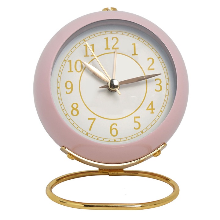 Ceas desteptator analog, SINBINTA, Cu buton de iluminare cadran, Silentios, Seta ceasul, Usor de citit, Portabil, Lumina de noapte, Potrivit pentru calatorii si activitati in aer liber, 10.5x9x6.3 cm, Metalic, Roz