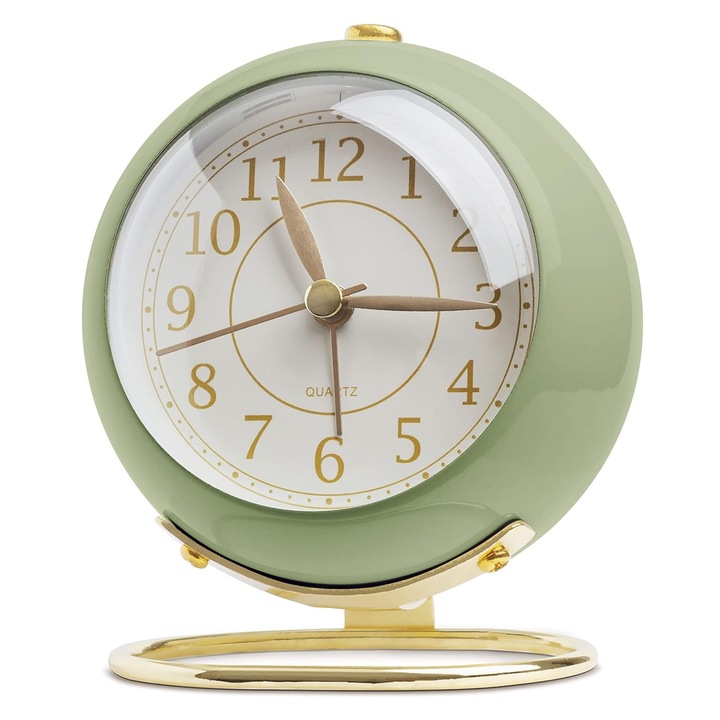 Ceas desteptator analog, SINBINTA, Cu buton de iluminare cadran, Silentios, Seta ceasul, Usor de citit, Portabil, Lumina de noapte, Potrivit pentru calatorii si activitati in aer liber, 10.5x9x6.3 cm, Metalic, Verde