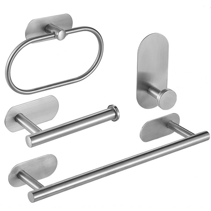 Set accesorii pentru baie, Axroad Mall, 4 piese, Bara pentru prosoape/suport pentru role de toaleta/inel pentru prosoape de mana/suport pentru halat, Adeziv, Usor de instalat si de utilizat, Inox, Argintiu
