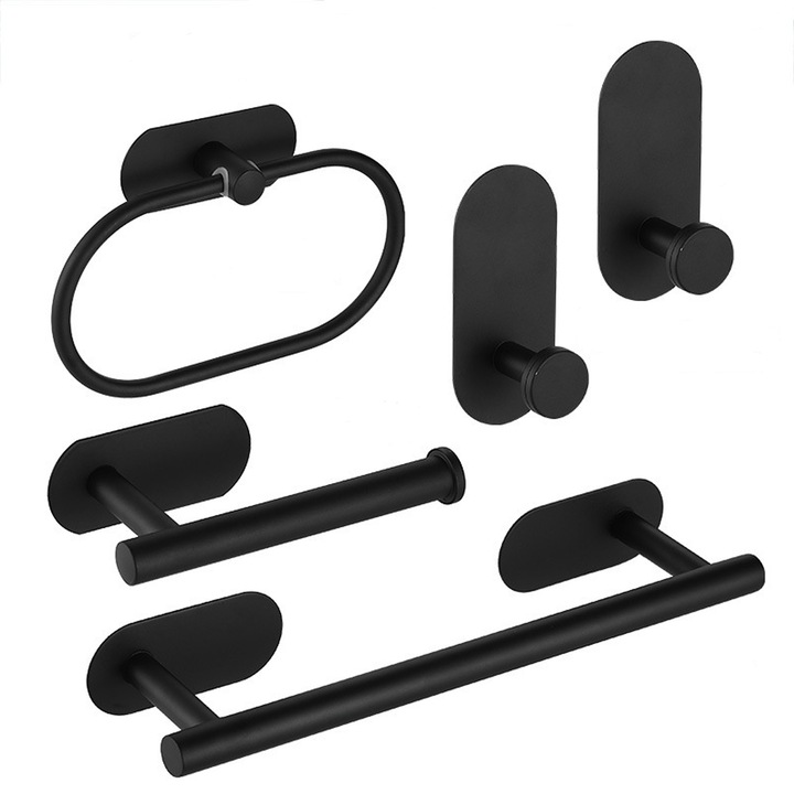 Комплект аксесоари за баня, Axroad Mall, 5 части, Държач за кърпи/държач за тоалетна ролка/хавлиен пръстен/държач за халат, Лепило, Лесен за инсталиране и използване, Неръждаема стомана, Черен