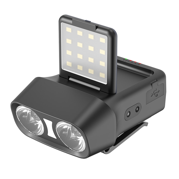 Фенер с LED, Преносим, 900 лумена, 5 режима на светене, регулируем, водоустойчив, 5.5x5.5x2.3cm, комплект с кабел за зареждане и лента за глава