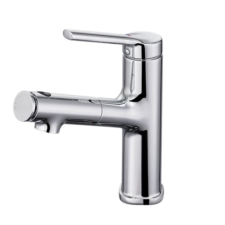 Fürdőszoba mosogató csaptelep DDCAQIOUA, Normál, Vízsugár, Zuhany, Kihúzható mosófej, Hangtalan behúzva, Kerámiapatron, Vízkőnyom nélkül, ezüst