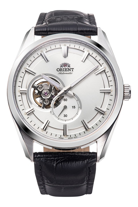 ORIENT, Часовник от неръждаема стомана с кожена каишка, Черен