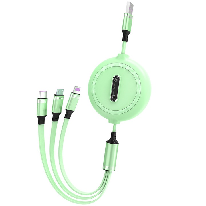 Cablu de date telefon, Silicon, Retractabil, 3in1, Verde