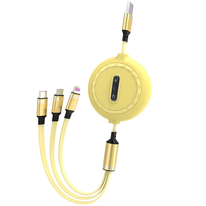 PINGAN， Cablu de date si incarcare rapida, 3 in 1, Moale silicon, Mic si portabil, liber extins, USB-C, Lightning, USB, 1.1m, iPhone compatibil, Samsung, Huawei, Android, Telefon, Tableta, Galben