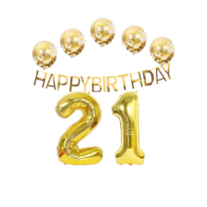 21. születésnapi díszek, konfetti lufi készlet, fólia számlufi és transzparens "Happy Birthday" levél üzenettel és kiegészítőkkel, 21/12. születésnapi partira, Shikuer, Gold
