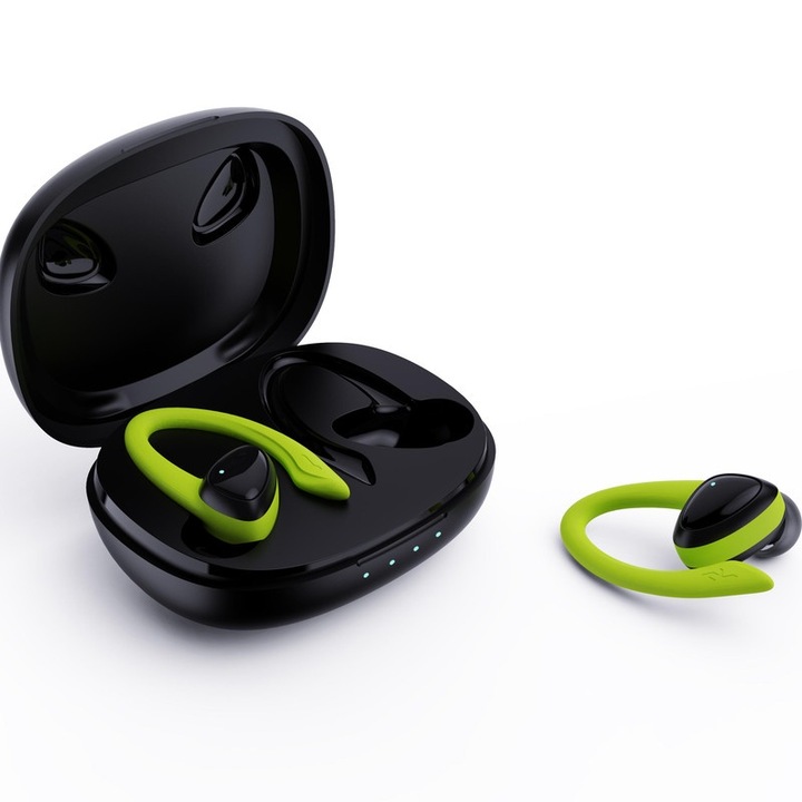 Vezeték nélküli fejhallgató M12 TWS, Bluetooth, vízálló, érintésvezérlés, fekete/zöld