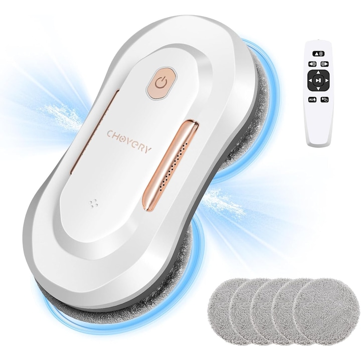 CHOVERY CL3 3000Pa Интелигентен робот за почистване на прозорци, автоматична функция за пръскане с 55 ml резервоар, интелигентна навигация, дистанционно управление, за всички гладки повърхности, електрически с двоен воден спрей, бял