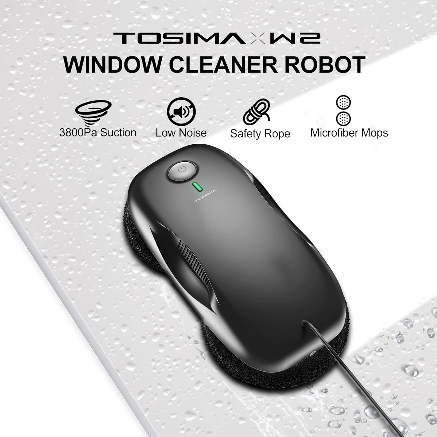Robot curatate geamuri Tosima W2 3800PA, pulverizator de apa. navigare inteligenta, telecomanda, curatare electrica de geamuri cu sistem triplu de siguranta, pentru toate suprafetele netede, cu 12 lavete (6 perechi), negru