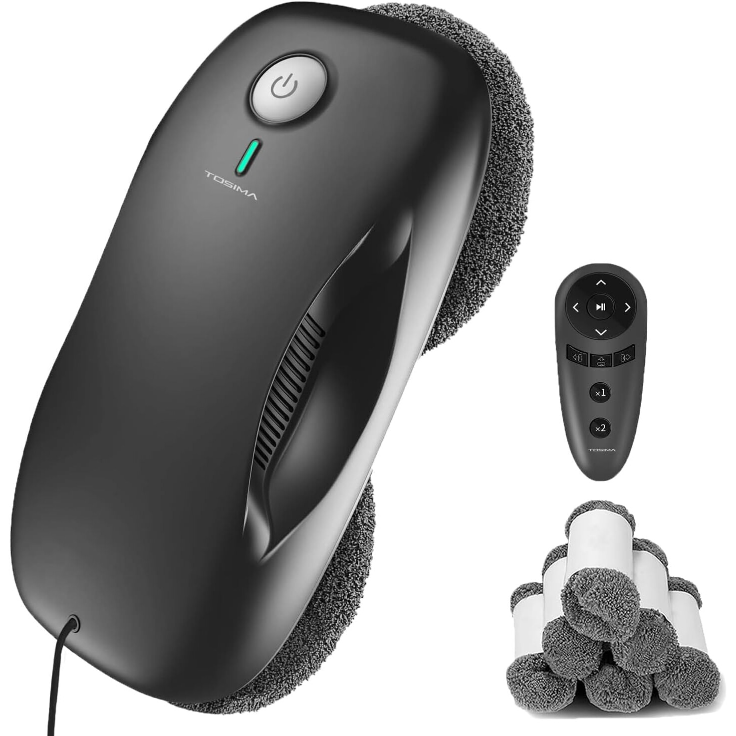 Robot curatate geamuri Tosima W2 3800PA, pulverizator de apa. navigare inteligenta, telecomanda, curatare electrica de geamuri cu sistem triplu de siguranta, pentru toate suprafetele netede, cu 12 lavete (6 perechi), negru