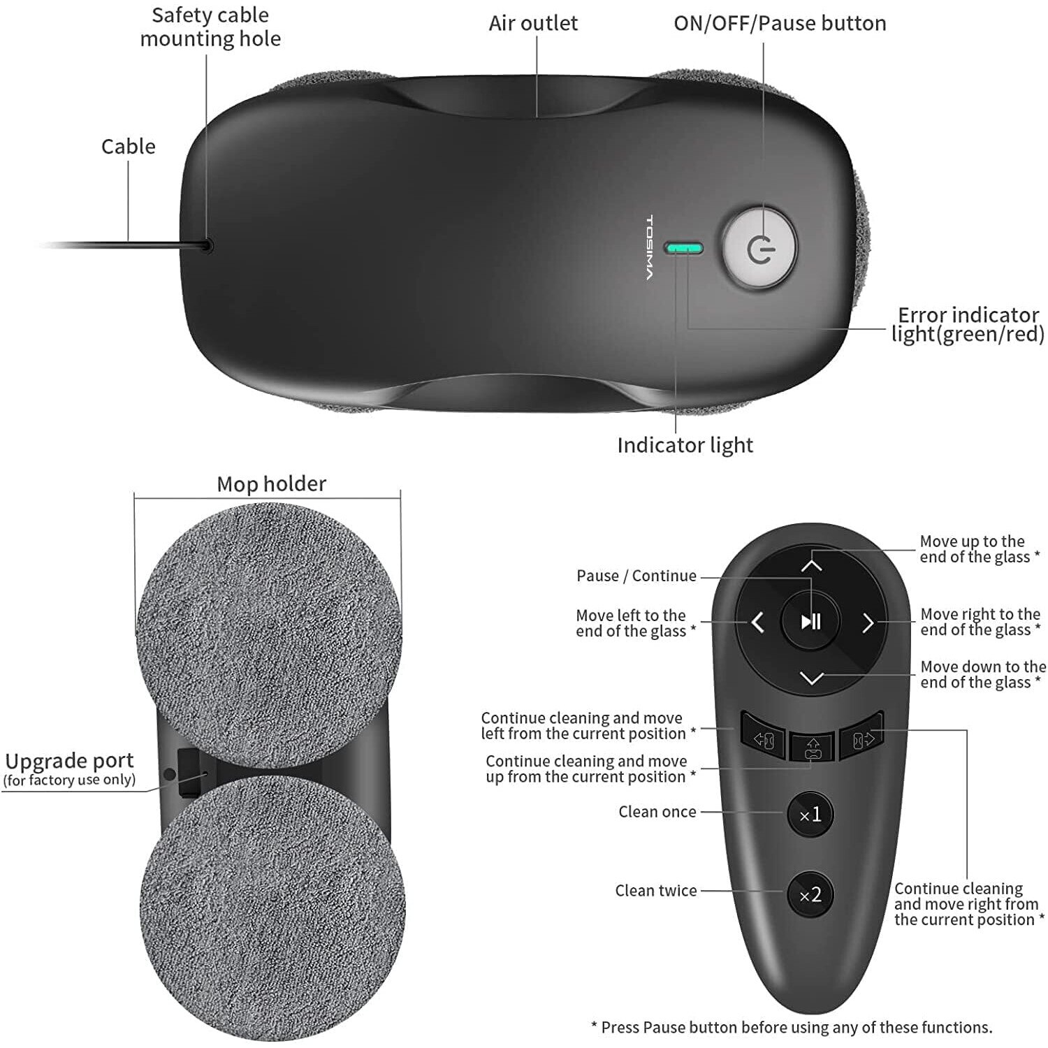 Robot curatate geamuri Tosima W2 3800PA, pulverizator de apa. navigare inteligenta, telecomanda, curatare electrica de geamuri cu sistem triplu de siguranta, pentru toate suprafetele netede, cu 12 lavete (6 perechi), negru