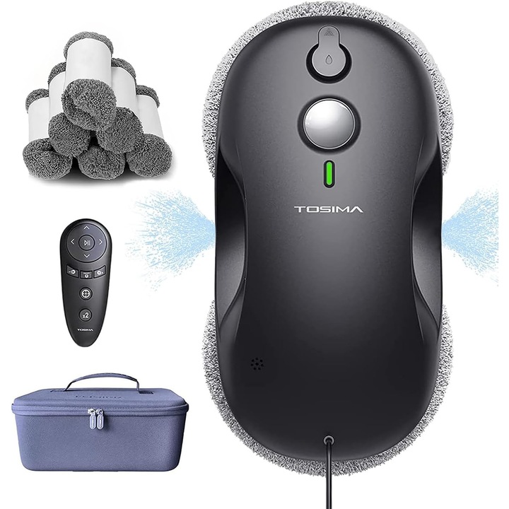Robot curatate geamuri Tosima W3 3800PA Smart, Functie automata de pulverizare cu rezervor de 80 ml, navigare inteligenta, telecomanda, sistem triplu de siguranta, pentru toate suprafetele netede, cu 12 servetele (6 perechi), negru