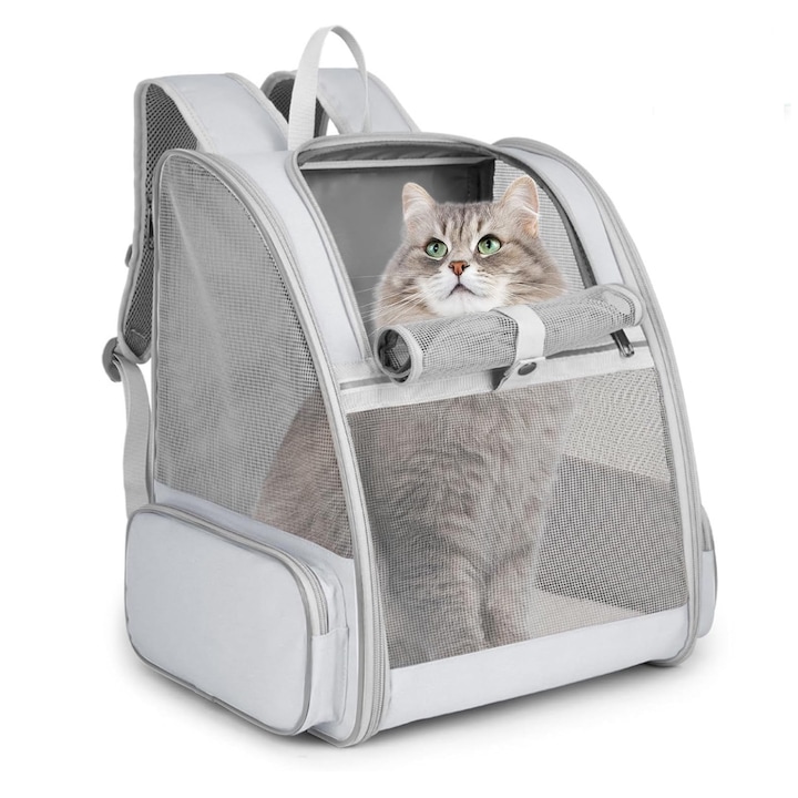 Раница за домашни любимци, SIBINTA, сгъваема, преносима и дишаща, с голям джоб, регулируеми презрамки, дизайн против приплъзване, устойчива на надраскване и издръжлива, за малки/средни кучета и котки, PVC, 32 x 28 x 41 cm, сива
