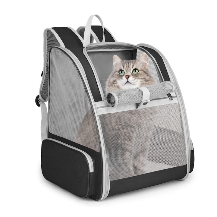 Раница за домашни любимци, SIBINTA, сгъваема, преносима и дишаща, с голям джоб, регулируеми презрамки, дизайн против приплъзване, устойчива на надраскване и издръжлива, за малки/средни кучета и котки, PVC, 32 x 28 x 41 cm, черна