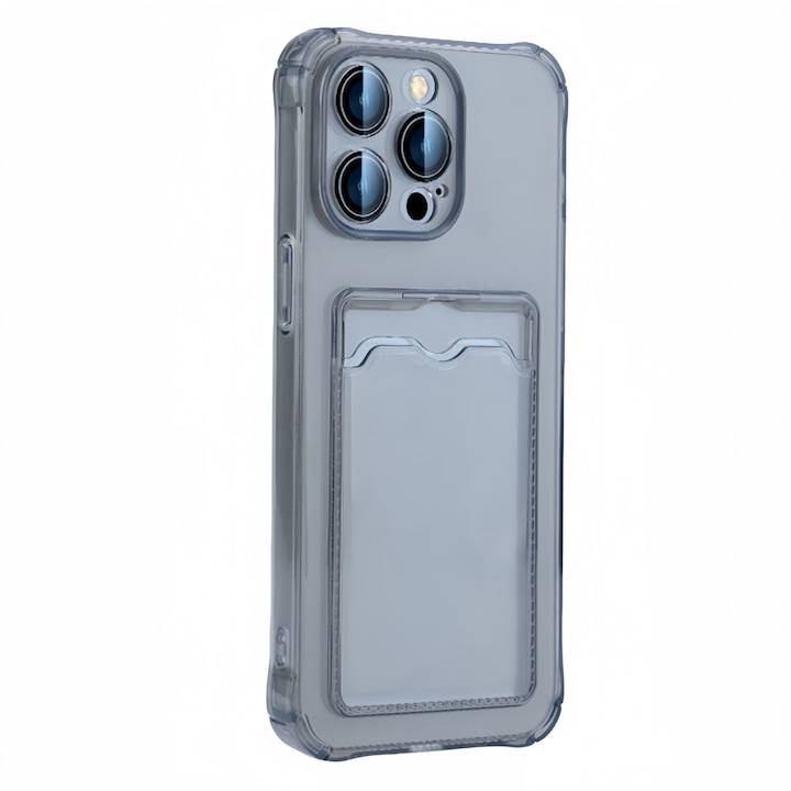 Husa pentru iPhone 16 plus. Negru transparent. Portofel transparent cu suport card. Subtire si protectoare. Poate tine pana la 2 carti. Si poate detine bani sau fotografii. Folie de protectie a lentilelor si folie de protectie a ecranului gratuite