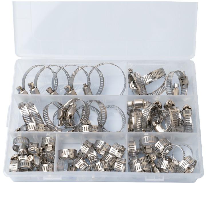 Rozsdamentes Acél Csavaros Bilincsek Készlet Rendszerezővel, 8 mm – 38 mm Átmérő, Praktikus Rekeszes Rendszerező Doboz, 60 Darab