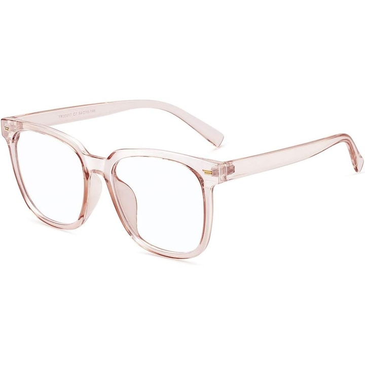 Szemüveg, túlméretezett négyzet alakú kialakítás, átlátszó lencsék, kék fényszűrő, 54x51mm, 19mm orrhíd, 146mm karhossz, tiszta rózsaszín