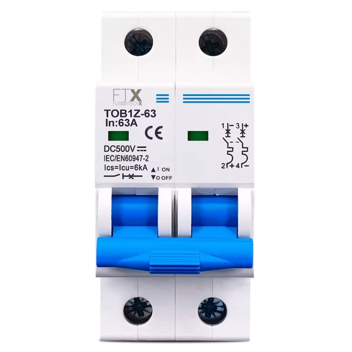 Автоматична DC предпазна система 2P, 16A DC, 500VDC, Автоматичен прекъсвач за фотоволтаични панели, батерийни фотоволтаични системи, монтаж на DIN шина, 2M