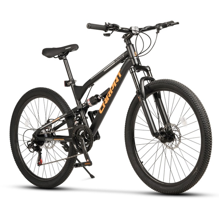 Bicicleta MTB de munte Carpat City Cross JSX26207, echipare Shimano, suspensie fata/spate Genius, roata 26 inch, frane pe disc, 21 viteze, negru cu portocaliu