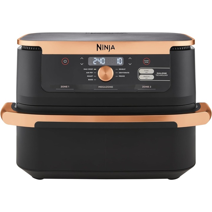 Фритюрник с горещ въздух Ninja Foodi FlexDrawer AF500EUCP, капацитет за храна 2 кг, 2470 W, температурен диапазон 40 - 240 °C, две зони за готвене, 7 програми, черен/златист