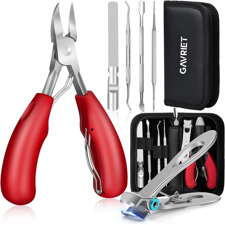 Комплект за маникюр и педикюр Gavriet™, 6 в 1, нокти и клещи от неръждаема стомана за дебели и врастнали нокти, 18 mm широк отвор, остри остриета, ергономичен дизайн против хлъзгане, чанта за съхранение, сребро
