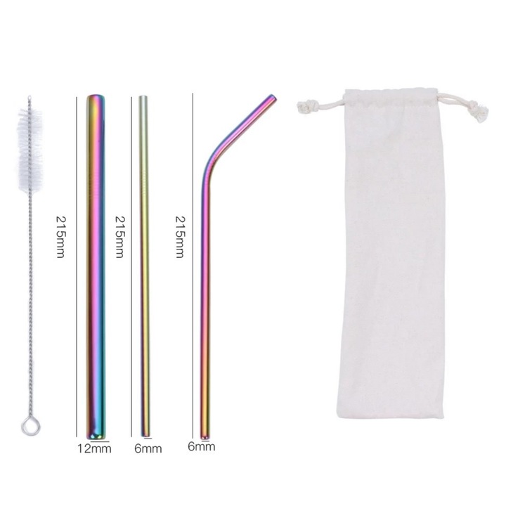 Set paie metalice din otel inoxidabil 21.5cm, 3 bucati, 2 drepte si 1 curbat, multicolor, cu perie de curatare