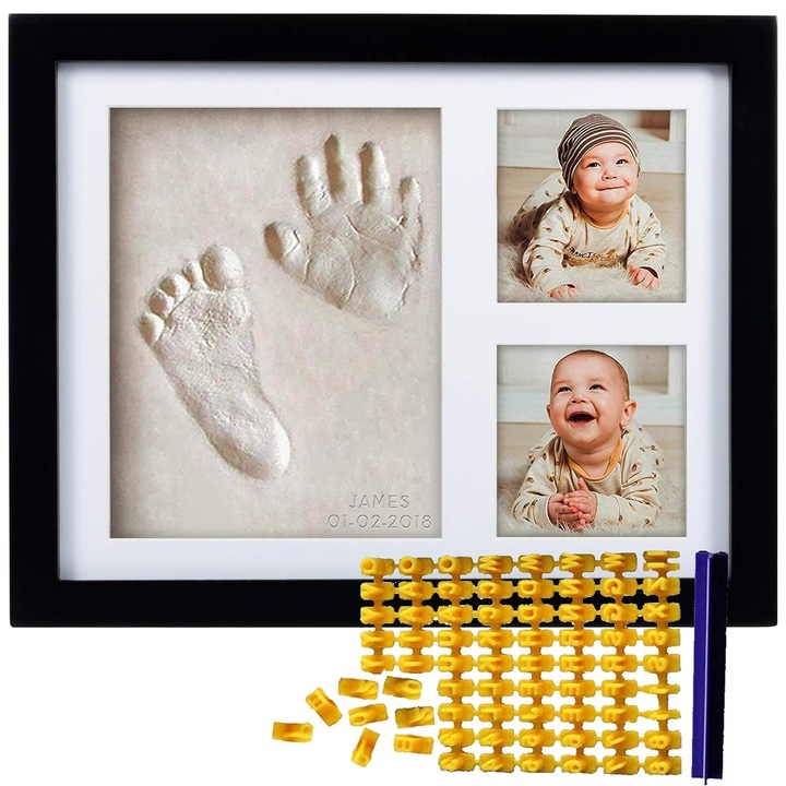 Комплект за формоване на бебешки ръце или крачета и рамка за снимки, Axroad Mall, С азбука, глина, подаръчна кутия, Лесен за използване, Три отделни отделения, За кръщене или рожден ден, Безопасен материал, 27,9 x 23,5 cm, Черна рамка